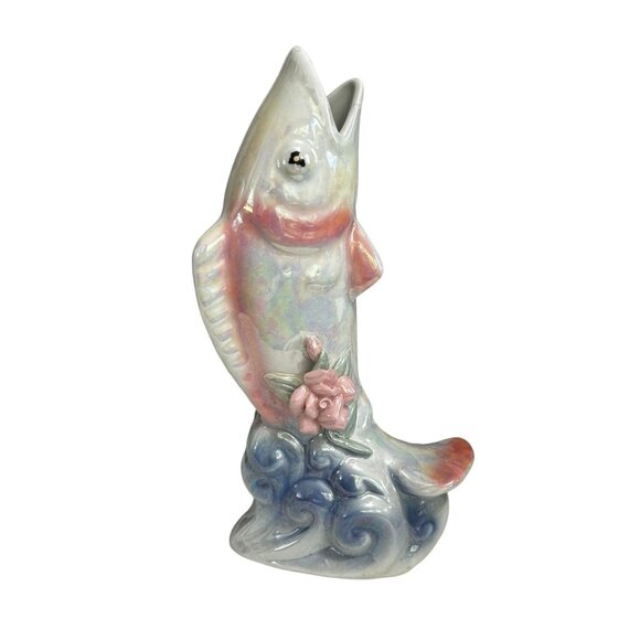 Ceramic Fish Shaped Bud Vase With Pink Rose & Iridescent Finish Design - Picture 1 of 7